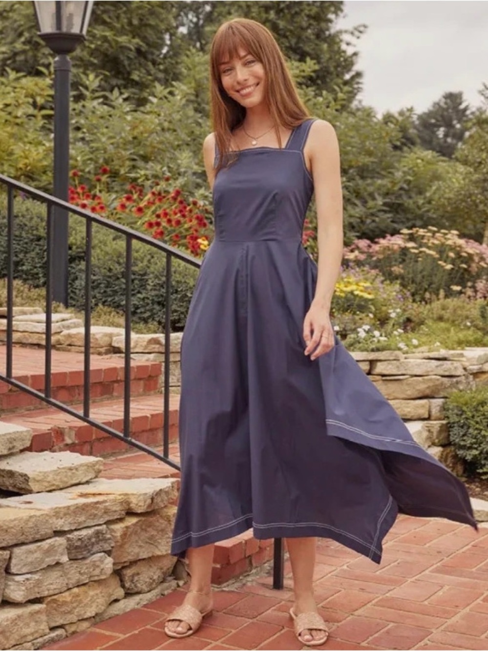 Summersalt coastal poplin smocked-back maxi dress navy